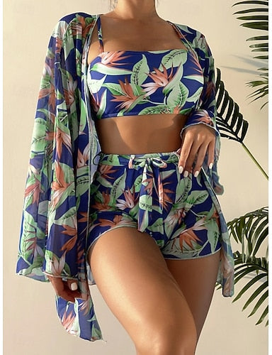 Bikini 3 Piece Swimsuit Palm Shorts Slim Backless Vacation Beach Wear Leaves V Neck Sleeveless Bathing Suits