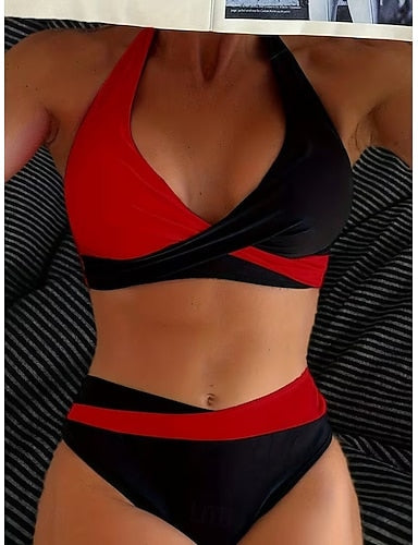 Bikini 2 Piece Swimsuit Colorblock Stylish Graphic Color Block Sleeveless Bathing Suits