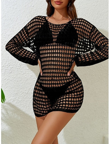 Cover Up Swimsuit Dress Cut Out Vacation Beach Wear Color Round Neck Long Sleeve Bathing Suits