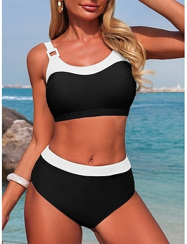 Swimwear Bikini 2 Piece Briefs Swimsuit Tummy Control High Waist Slim Backless Vacation Beach Wear Color Block U Neck Sleeveless Bathing Suits