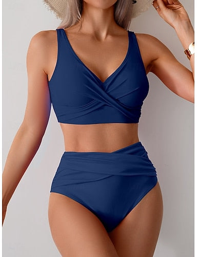 Swimwear Bikini 2 Piece Swimsuit Ruched Backless Vacation Beach Wear Plain V Neck Sleeveless Bathing Suits
