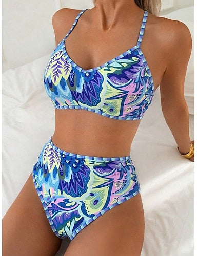 Swimwear Bikini 2 Piece Briefs Swimsuit Slim Backless Vacation Beach Wear Color Block Scoop Neck Sleeveless Bathing Suits