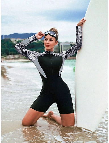 Rash Guard Bathing Suit One Pieces Printed Zip Up Uv Protection Elastic Long Sleeve Swimwear Surfing Beach Swimming Summer