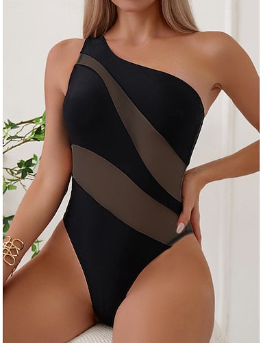 One Piece Swimsuit Cutout Monokini Tummy Control High Waist Slim Backless Vacation Beach Wear Color Block Asymmetric Neck Sleeveless Bathing Suits
