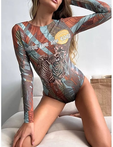 One Piece Swimsuit Slimming Cutout Monokini Tummy Control High Waist Slim Backless Vacation Graphic Geometic Round Neck Long Sleeve Bathing Suits