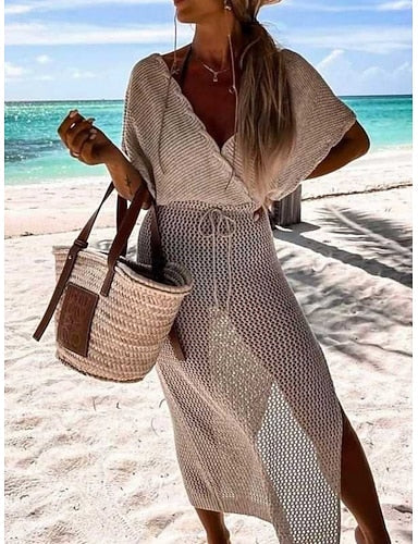 Cover Up Swimsuit Dress Cut Out Knit Vacation Beach Wear Color V Neck Short Sleeves Bathing Suits