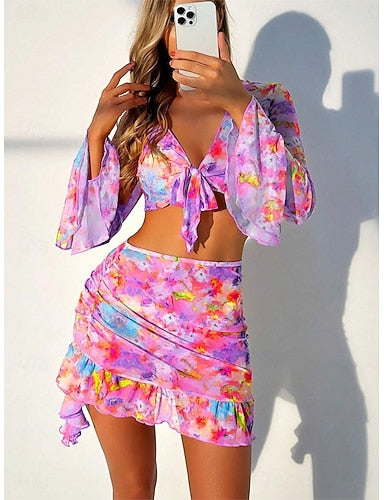 Bikini Swimsuit Skirt Slim Backless Vacation Beach Wear Graphic V Neck Long Sleeve Bathing Suits