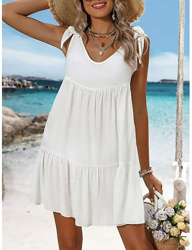 Swimwear Cover Up Swim Dress Dress Swimsuit Ruched Vacation Beach Wear Plain V Neck Sleeveless Bathing Suits