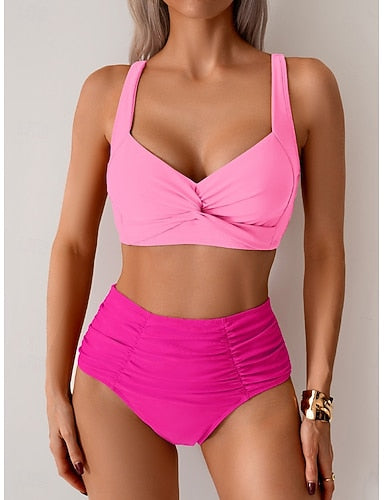 Bikini 2 Piece Swimsuit Ruched Briefs Slim Backless Vacation Color V Neck Sleeveless Bathing Suits