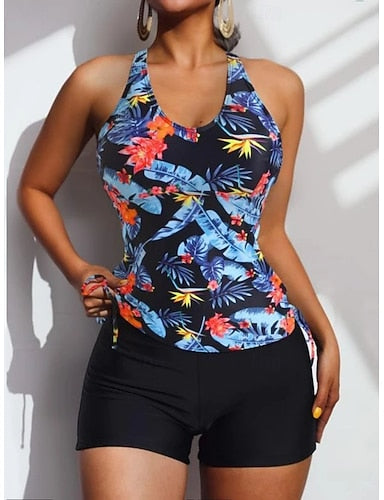 Swimwear Tankini 2 Piece Shorts Swimsuit Tummy Control High Waist Slim Backless Vacation Beach Wear Tropical U Neck Sleeveless Bathing Suits