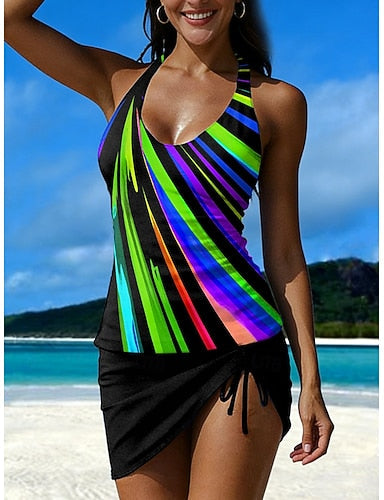 Swimwear Tankini Skirt Swimsuit Vacation Graphic Geometric Halter Neck Sleeveless Bathing Suits