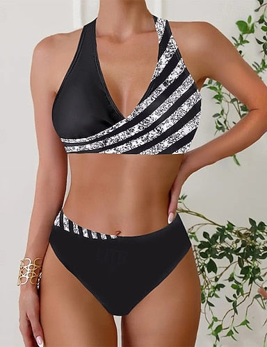 Swimwear 2 Piece Skirt Swimsuit Backless Vacation Beach Wear Stripe Striped V Neck Sleeveless Bathing Suits