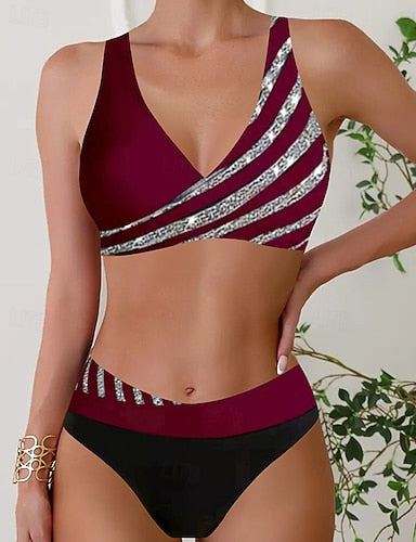 Tankini Two Piece Swimsuit V Neck Swimwear Stripes Swimwear Black Wine Breathable Quick Dry Lightweight Sleeveless - Swimming Surfing Beach Summer Spring