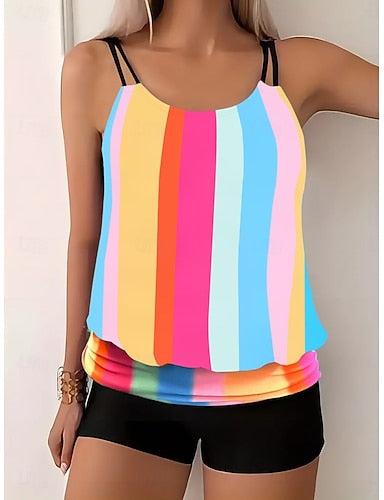 Tankini 2 Piece Swimsuit Colorblock Boy Leg Tummy Control High Waist Slim Backless Vacation Beach Wear Stripe Scoop Neck Sleeveless Bathing Suits