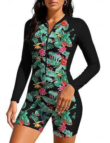 Rash Guard Dive Skin Suit Rash Guard Bathing Suit Tropical Zip Up Removable Pad Front Zip Uv Sun Protection Upf50+ Ultra Light (ul) Long Sleeve Swimwear Sun Shirt Surfing Beach Water