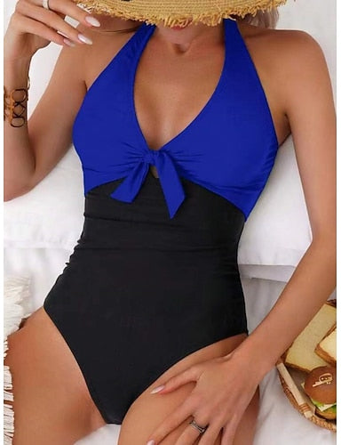 One Piece Swimsuit Slimming Colorblock Monokini Tummy Control High Waist Slim Backless Vacation Beach Wear Color Block Halter Neck Sleeveless Bathing Suits