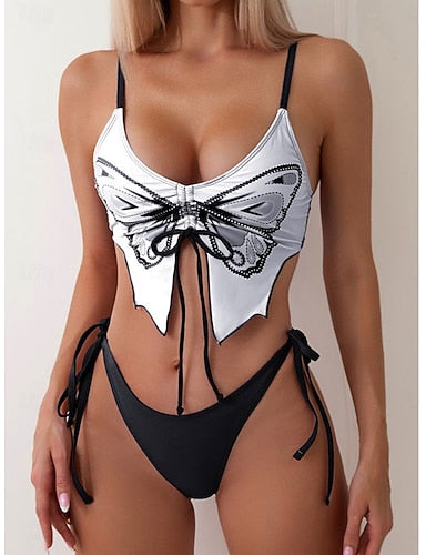 Bikini 2 Piece Swimsuit Tie Side Slim Backless Vacation Beach Wear Butterfly V Neck Sleeveless Bathing Suits