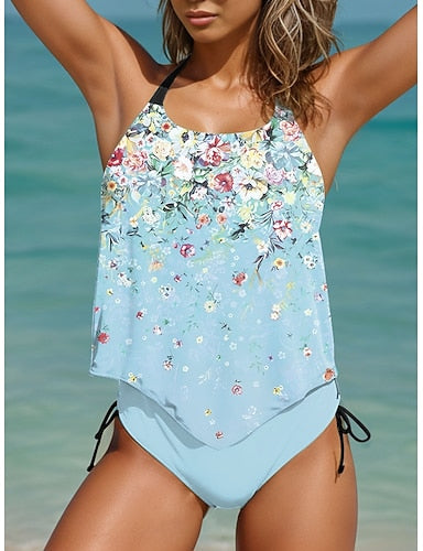 Tankini 2 Piece Swimsuit Cheeky Backless Vacation Beach Wear Ombre U Neck Sleeveless Bathing Suits