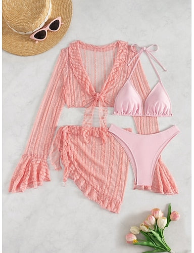 Bikini Swimsuit Skirt Slim Backless Vacation Beach Wear Color V Neck Sleeveless Long Sleeve Bathing Suits