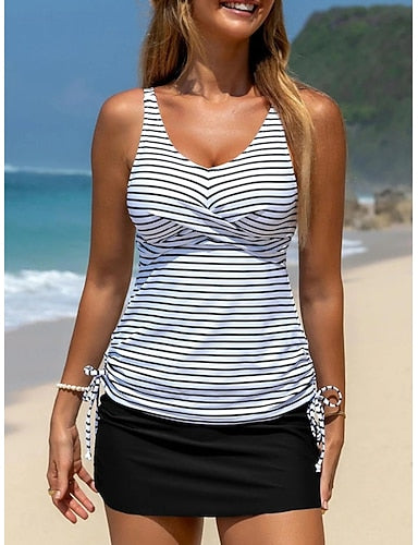 Swimwear Tankini 2 Piece Skirt Swimsuit Tummy Control High Waist Slim Backless Vacation Beach Wear Striped V Neck Sleeveless Bathing Suits