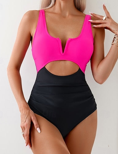 Tankini Two Piece Swimsuit Racerback Cut Out Swimwear Patchwork Swimwear Black Pink Breathable Quick Dry Lightweight Sleeveless - Swimming Surfing Beach Summer Spring