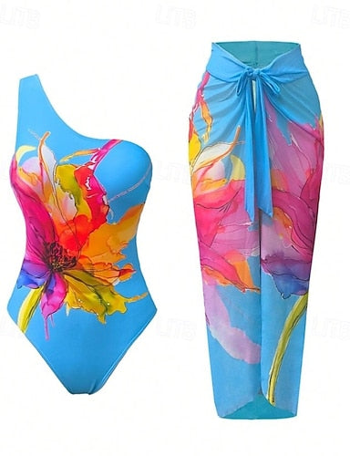 Swimwear 2 Piece Monokini Skirt Swimsuit Tummy Control High Waist Slim Backless Vacation Beach Wear Asymmetric Neck Sleeveless Bathing Suits