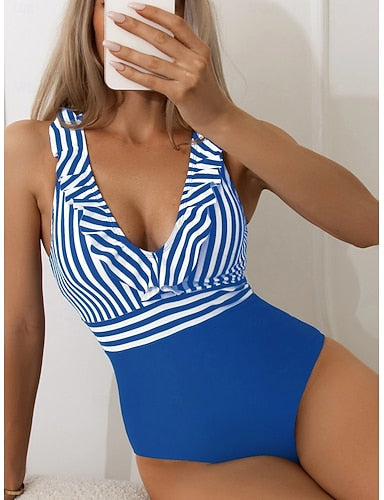 One Piece Swimsuit Slimming Colorblock Monokini Ruffle Tummy Control High Waist Slim Backless Vacation Beach Wear Striped V Neck Sleeveless Bathing Suits