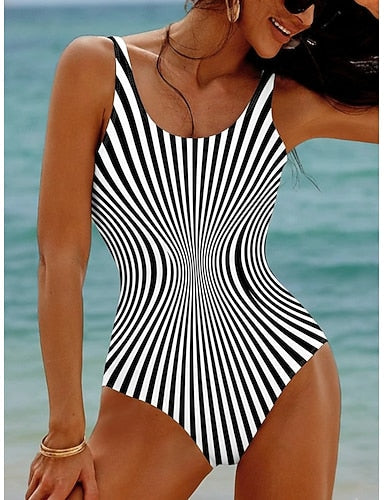 One Piece Swimsuit Slimming Colorblock Monokini High Cut Tummy Control High Waist Slim Knit Backless Vacation Graphic Geometric U Neck Sleeveless Bathing Suits