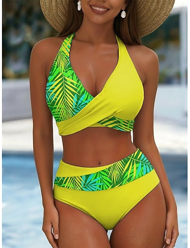 Bikini 2 Piece Swimsuit Palm Skirt Vacation Graphic V Neck Sleeveless Bathing Suits