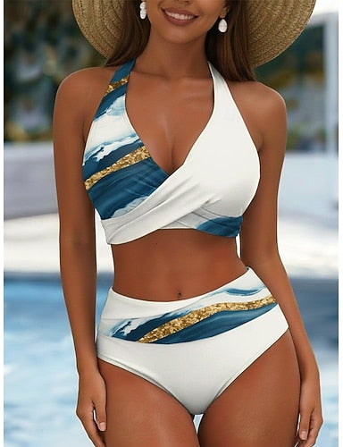 Bikini 2 Piece Swimsuit Colorblock Skirt Vacation Graphic Striped V Neck Sleeveless Bathing Suits