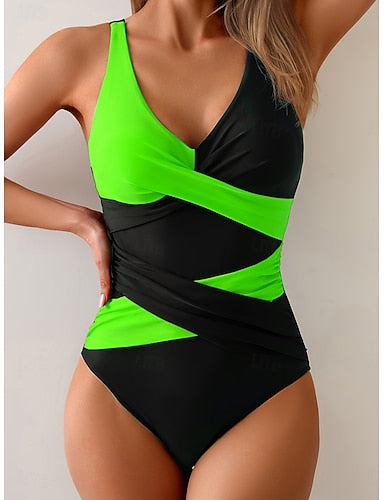One Piece Swimsuit Slimming Ruched Colorblock Monokini High Cut Tummy Control High Waist Slim Backless Vacation Graphic V Neck Sleeveless Bathing Suits