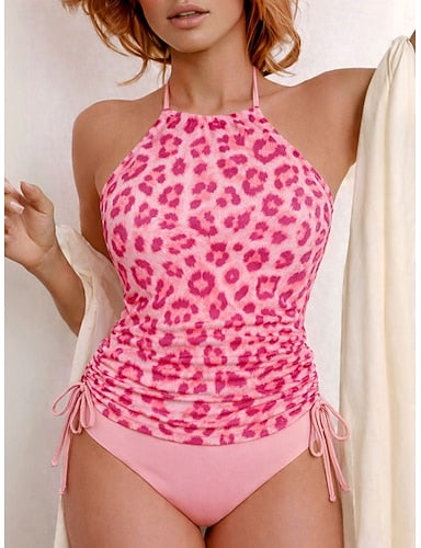 Swimwear Tankini 2 Piece Cheeky Swimsuit Drawstring Vacation Beach Wear Graphic Halter Neck Sleeveless Bathing Suits