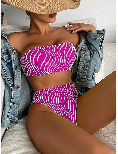 Swimwear Bikini 2 Piece Briefs Swimsuit Slim Backless Vacation Beach Wear Stripe Strapless Sleeveless Bathing Suits