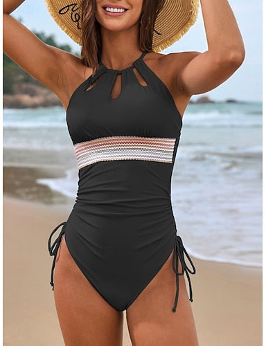 One Piece Swimsuit Slimming Ruched Cutout Colorblock Monokini Tummy Control High Waist Slim Backless Vacation Beach Wear Color Halter Neck Sleeveless Bathing Suits