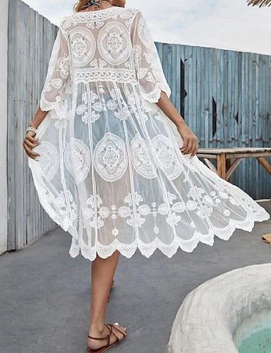 Swimwear Cover Up Swimsuit Lace Patchwork Tropical Beach Wear Color V Wire Short Sleeves Bathing Suits