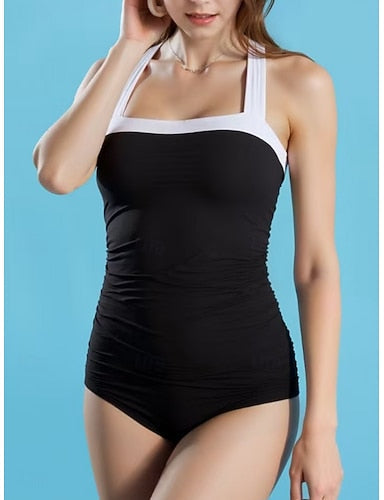 One Piece Swimsuit Slimming Cutout Leopard Monokini Briefs Tummy Control High Waist Slim Backless Vacation Beach Wear Color Color Block Halter Neck Sleeveless Bathing Suits