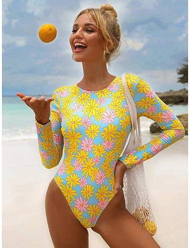 One Piece Swimsuit Hollow-out Bodysuit Bathing Suit Swimwear Orange Uv Sun Protection Breathable Quick Dry Long Sleeve - Swimming Surfing Beach Autumn / Fall Spring / Summer / Spandex