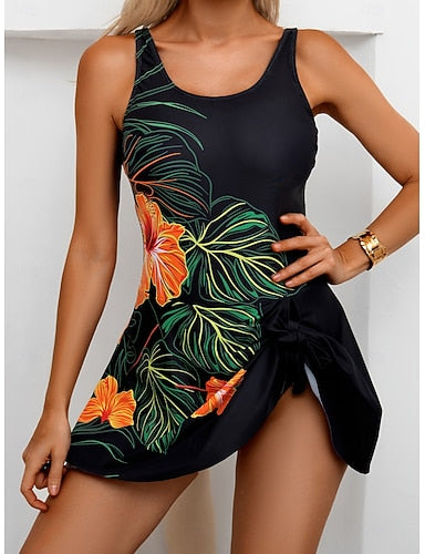 One Piece Swimsuit With Skirt Skirt Vacation Beach Wear Graphic U Neck Sleeveless Bathing Suits