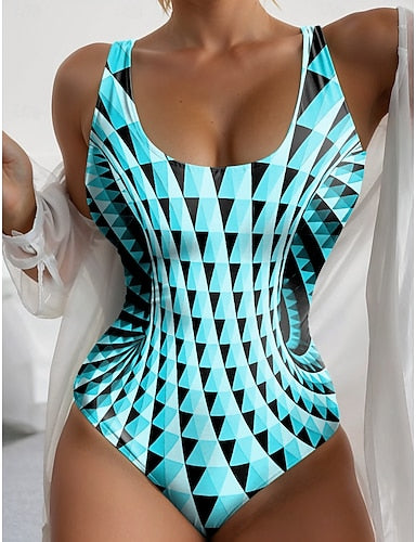 One Piece Swimsuit Slimming Monokini Backless Tummy Control High Waist Slim Vacation Beach Wear Geometric U Neck Sleeveless Bathing Suits
