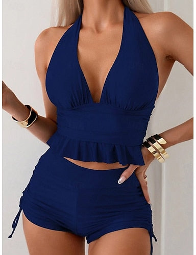Swimwear Bikini 2 Piece Boy Leg Swimsuit Slim Backless Vacation Beach Wear Plain V Neck Sleeveless Bathing Suits