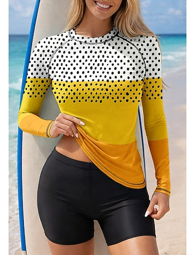 Rash Guard Swimsuit Rash Guard Tankini Swimsuits Geometric Color-blocking 2 Piece Removable Pad Boyleg Uv Sun Protection Upf50+ Elastic Long Sleeve Swimwear Sun Shirt Surfing Canoeing Water
