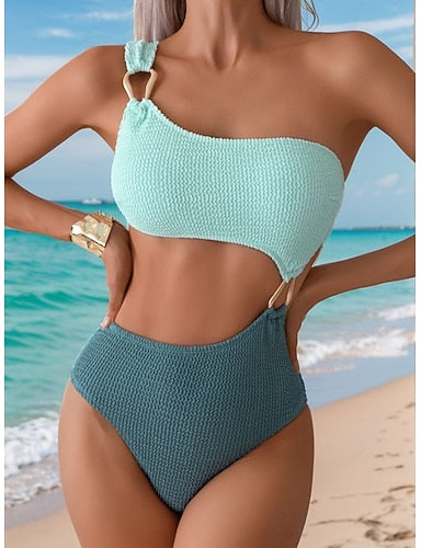 One Piece Swimsuit One Shoulder Monokini Tummy Control High Waist Slim Backless Vacation Beach Wear Color Asymmetric Neck Sleeveless Bathing Suits