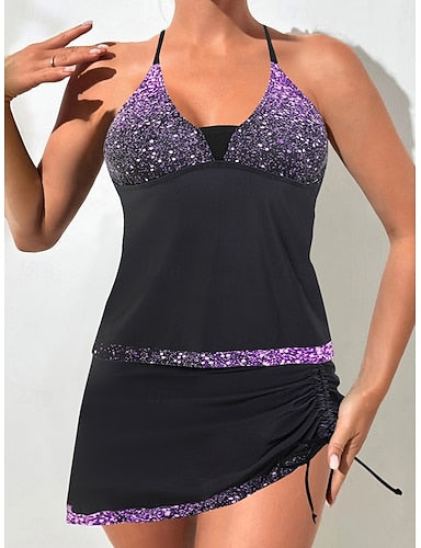 Tankini 2 Piece Swimsuit Ruched Skirt Tummy Control High Waist Slim Backless Vacation Beach Wear Ombre Halter Neck Sleeveless Bathing Suits