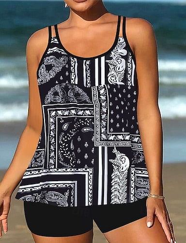 Swimwear 2 Piece Shorts Swimsuit Backless Vacation Beach Wear Graphic Round Neck Sleeveless Bathing Suits