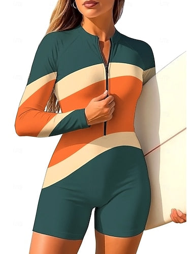 Regular Rash Guard One Piece Surfing Suit Bathing Suit Geometric Stripes Geometry Zip Up With Built in Bra Removable Pad Uv Sun Protection Upf50+ Ultra Light (ul) Long Sleeve Swimwear Sun