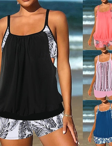 Tankini 2 Piece Swimsuit Palm Shorts Tummy Control High Waist Slim Backless Vacation Beach Wear Color Block Leaves U Neck Sleeveless Bathing Suits