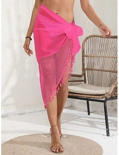 Cover Up Swimsuit Wrap Fringe Hem Vacation Beach Wear Color Sleeveless Bathing Suits