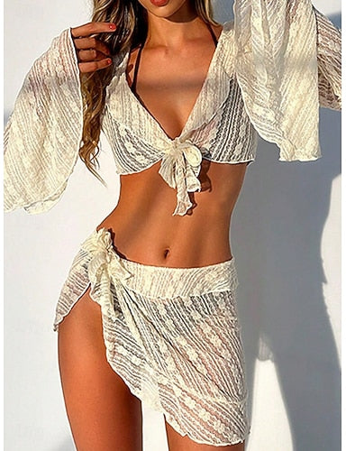 Bikini Swimsuit Skirt Slim Backless Vacation Beach Wear Color V Neck Sleeveless Long Sleeve Bathing Suits