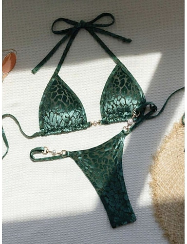 Swimwear Bikini 2 Piece Thong Swimsuit Slim Backless Vacation Beach Wear Color Leopard Halter Neck Sleeveless Bathing Suits