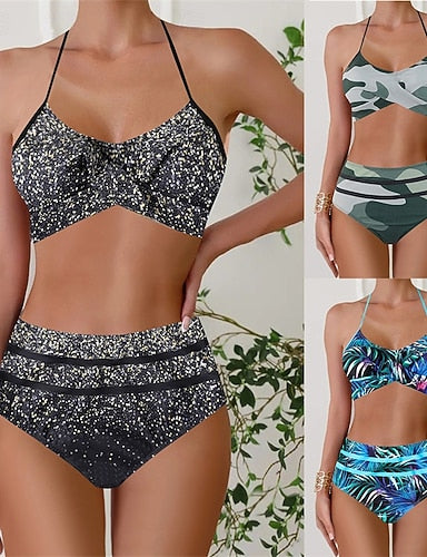 Tankini Two Piece Swimsuit Ruffle Swimwear Swimwear Blue Gold Breathable Quick Dry Lightweight Sleeveless - Swimming Surfing Beach Summer Spring